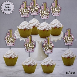 1 Yaş Pembe Eva Kürdan Simli 8 Adet - Parti Sürprizi