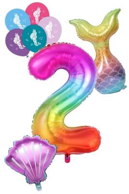 2 Rakam Gökkuşağı Deniz Kızı Folyo Balon Seti - 1