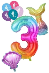 3 Rakam Gökkuşağı Deniz Kızı Folyo Balon Seti - Parti Sürprizi