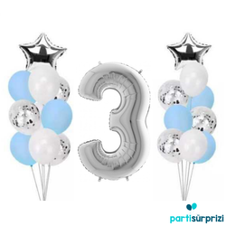 3 Yaş Gümüş Folyo Balon Set 21 Adet - Parti Sürprizi