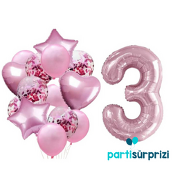 3 Yaş Pembe Folyo Balon Set - Parti Sürprizi