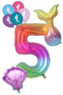 5 Rakam Gökkuşağı Deniz Kızı Folyo Balon Seti - 1