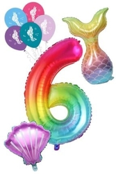 6 Rakam Gökkuşağı Deniz Kızı Folyo Balon Seti - Parti Sürprizi