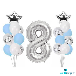 8 Yaş Gümüş Folyo Balon Set 21 Adet - Parti Sürprizi