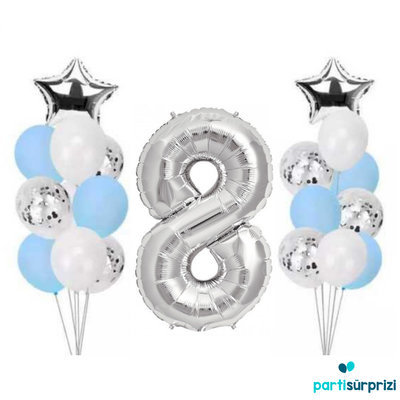 8 Yaş Gümüş Folyo Balon Set 21 Adet - 1
