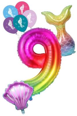 9 Rakam Gökkuşağı Deniz Kızı Folyo Balon Seti - 1