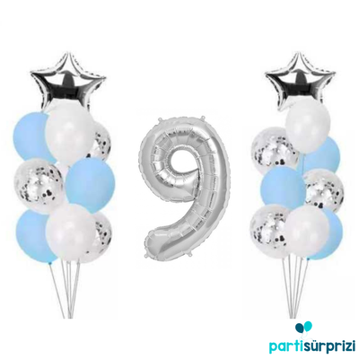 9 Yaş Gümüş Folyo Balon Set 21 Adet - 1