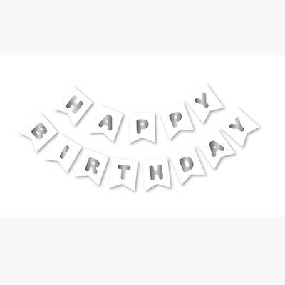 Beyaz Üzeri Gümüş Happy Bırthday Yaldızlı Banner - 1
