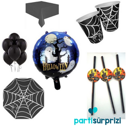 Cadılar Bayramı Siyah Örümcek Ağı Desenli Parti Seti 8 Kişilik - Parti Sürprizi