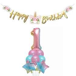 Çiçekli Unicorn 1 Yaş Gökkuşağı Balon Set - Parti Sürprizi