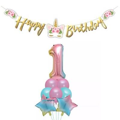 Çiçekli Unicorn 1 Yaş Gökkuşağı Balon Set