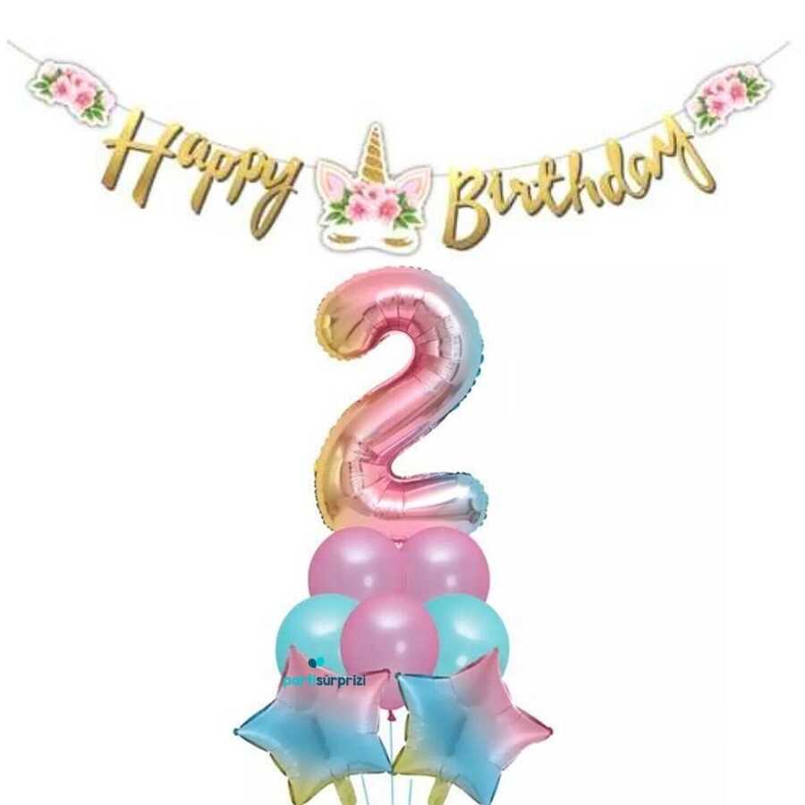 Çiçekli Unicorn 2 Yaş Gökkuşağı Balon Set