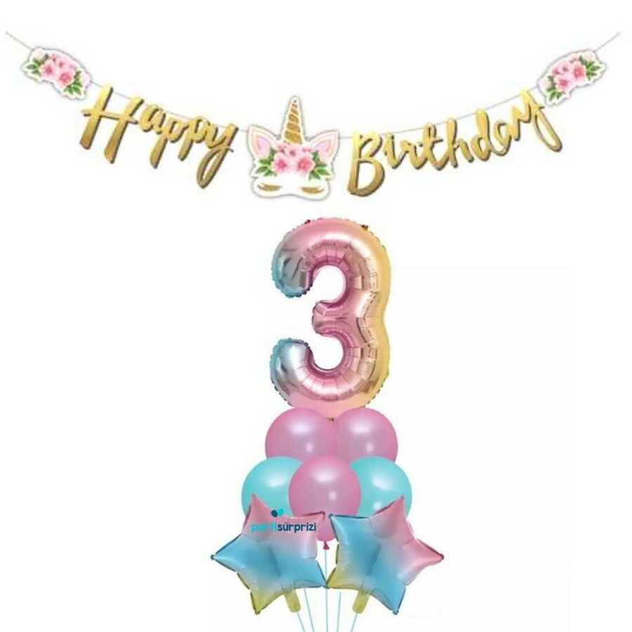 Çiçekli Unicorn 3 Yaş Gökkuşağı Balon Set