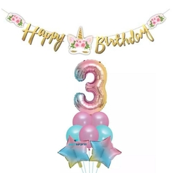 Çiçekli Unicorn 3 Yaş Gökkuşağı Balon Set - Parti Sürprizi