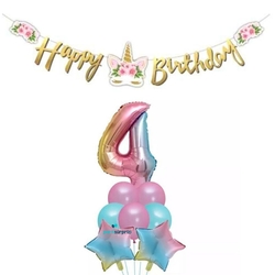 Çiçekli Unicorn 4 Yaş Gökkuşağı Balon Set - Parti Sürprizi