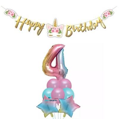 Çiçekli Unicorn 4 Yaş Gökkuşağı Balon Set