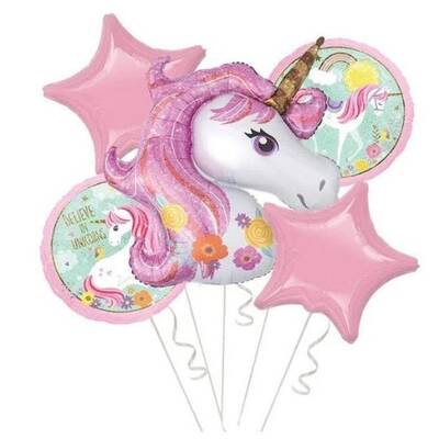 Çiçekli Unicorn 5 Li Folyo Balon Set