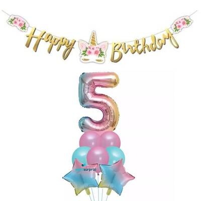 Çiçekli Unicorn 5 Yaş Gökkuşağı Balon Set - 1
