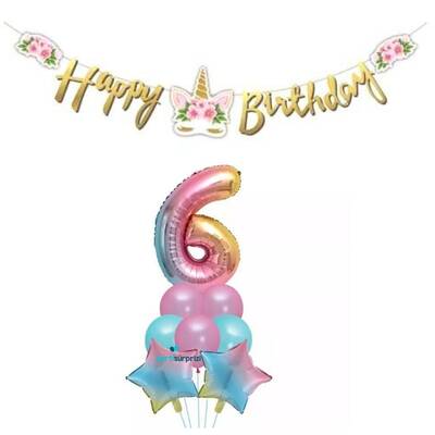 Çiçekli Unicorn 6 Yaş Gökkuşağı Balon Set