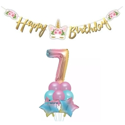 Çiçekli Unicorn 7 Yaş Gökkuşağı Balon Set - Parti Sürprizi