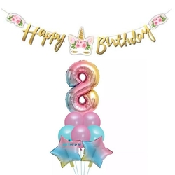Çiçekli Unicorn 8 Yaş Gökkuşağı Balon Set - Parti Sürprizi