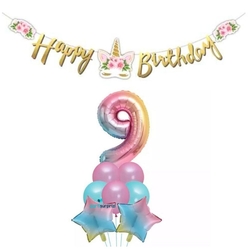 Çiçekli Unicorn 9 Yaş Gökkuşağı Balon Set - Parti Sürprizi