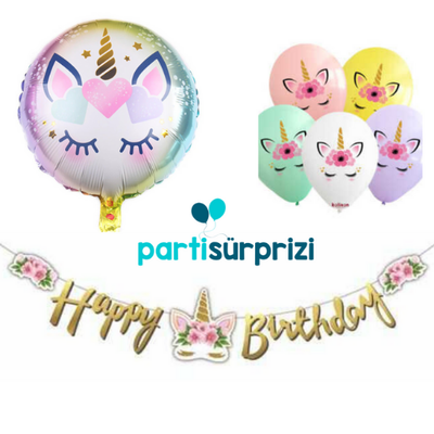 Çiçekli Unicorn Happy Birthday Balonlu Set
