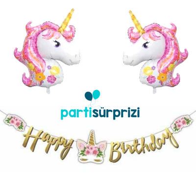 Çiçekli Unicorn Happy Birthday Folyo Balonlu Set