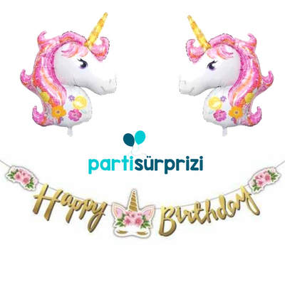 Çiçekli Unicorn Happy Birthday Folyo Balonlu Set - 1