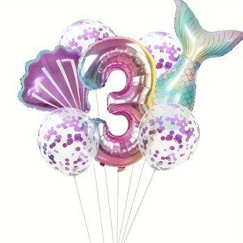 Deniz Kızı 1 den 9 Mor Konfetili Folyo Balon Set - 4