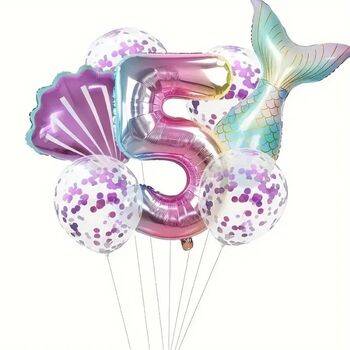 Deniz Kızı 1 den 9 Mor Konfetili Folyo Balon Set - 6