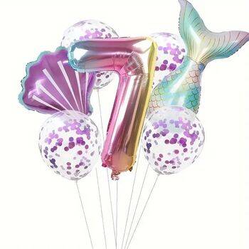 Deniz Kızı 1 den 9 Mor Konfetili Folyo Balon Set - 8