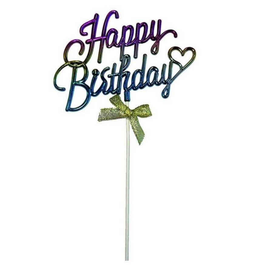 Gökkuşağı Kalpli Happy Birthday Fiyonklu Pasta Süsü