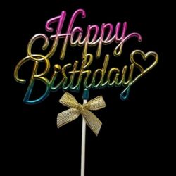 Gökkuşağı Kalpli Happy Birthday Fiyonklu Pasta Süsü - 2