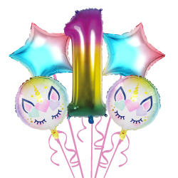 Gökkuşağı Unicorn 1 Yaş Folyo Balon 5 Li Set - Parti Sürprizi