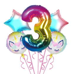 Gökkuşağı Unicorn 3 Yaş Folyo Balon 5 Li Set - Parti Sürprizi