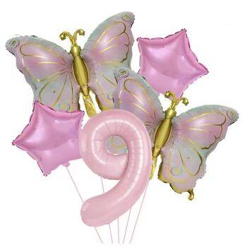 Gold Kelebekli Pembe 1 den 9 Rakam Balon Set - 10