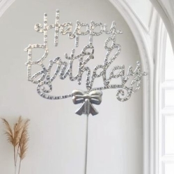 Gümüş Happy Birthday Lüx Taşlı Pasta Süsü - Parti Sürprizi