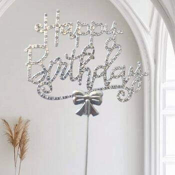 Gümüş Happy Birthday Lüx Taşlı Pasta Süsü - 1