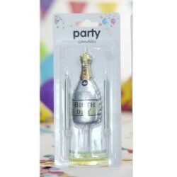 Gümüş Happy Birthday Şampanya Şişesi Şekilli Mum - Parti Sürprizi