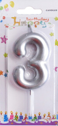 Gümüş Renk 3 Rakam Mum 1Adet - Parti Sürprizi