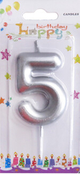 Gümüş Renk 5 Rakam Mum 1Adet - Parti Sürprizi