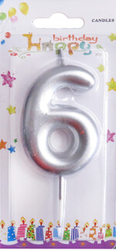 Gümüş Renk 6 Rakam Mum 1Adet - Parti Sürprizi