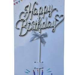 Gümüş Renk Kalpli Happy Birthday Pasta Süsü - Parti Sürprizi