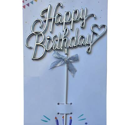 Gümüş Renk Kalpli Happy Birthday Pasta Süsü - 1