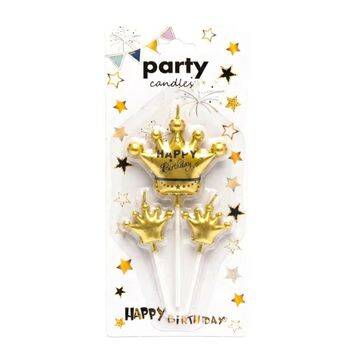 Happy Birthday Gold Taçlı 3 lü Mum Set - 1