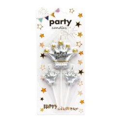 Happy Birthday Gümüş Taçlı 3 lü Mum Set - Parti Sürprizi