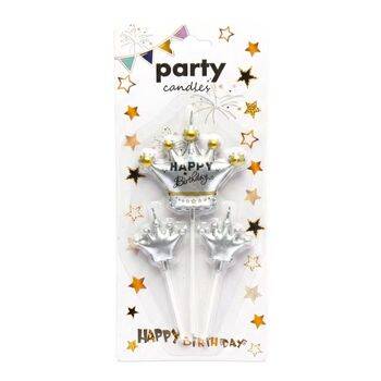 Happy Birthday Gümüş Taçlı 3 lü Mum Set - 1