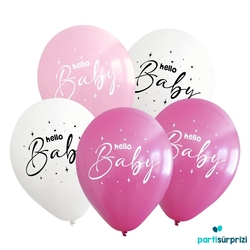 Hello Baby Baskılı Pembe Latex Balon 10 Adet - Parti Sürprizi