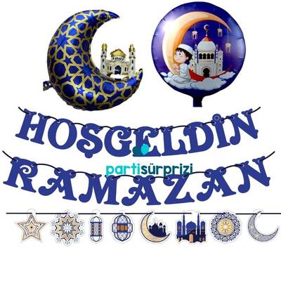 Hoş Geldin Ramazan Mavi Folyo Balonlu Set - 1